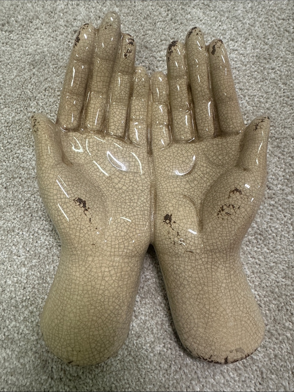 Vintage Ceramic Hands Display Sculpture in Crackle Beige Glaze